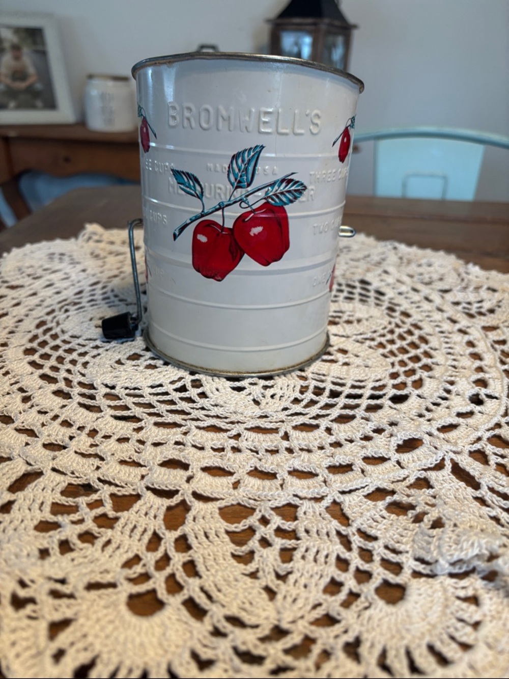 White Metal Flour Sifter with Red Cherry Design
